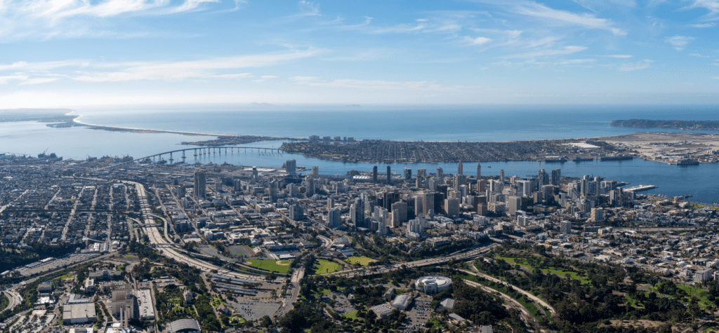 photo of air view above downtown san diego to coronado showing the best beaches in san diego