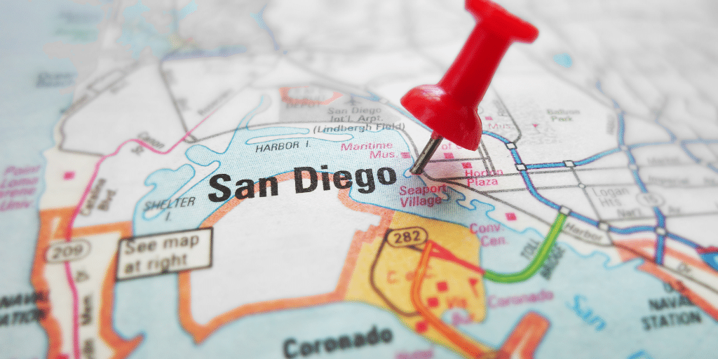 image of a thumbtack stuck on san diego on a map - what is san diego known for