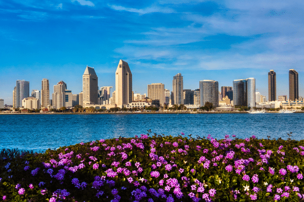 photo of downtown san diego over the bay showing the pros and cons of property tax rates, costs of living and housing costs