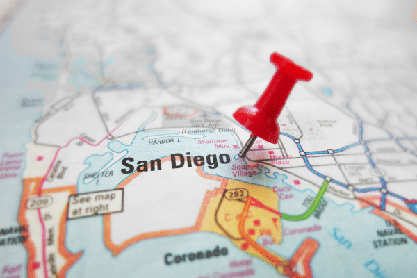 photo of san diego on a map with a thumbtack showing how much is property tax in san diego